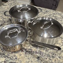 Set of pots. All glad-3qt($140), Berghoff- 4.5L($35), Kirkland Signature-8qt.