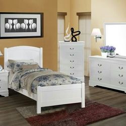 Brand new white or cherry twin bed frame + dresser + mirror + nightstand bedroom set