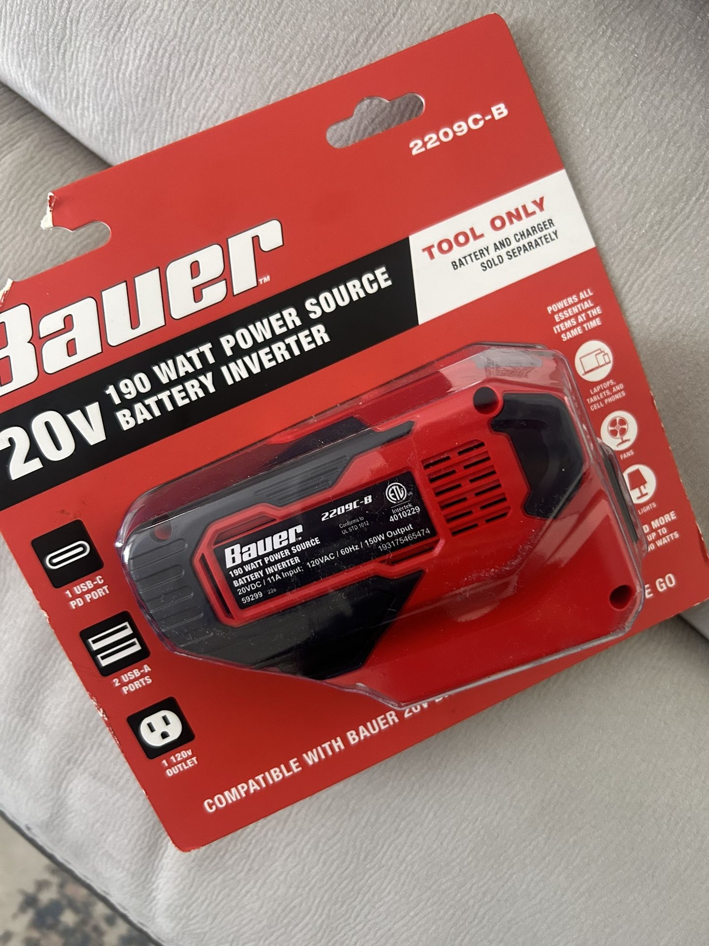 BAUER 20v 190 Watt Power Source Battery Inverter