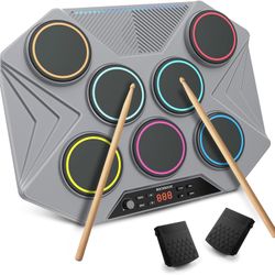 Electronic Tabletop Drum Set, Portable Digital Drum Kit 7 Velocity Sensitivity Drum Pads, LED Music Level Light, USB-MIDI Mac & PC Support, Ideal Gift