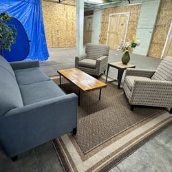 Modern Sofa, Pair of Neutral Geometric Chairs, 3” Solid Wood Coffee Table, and 20” Square Side Table