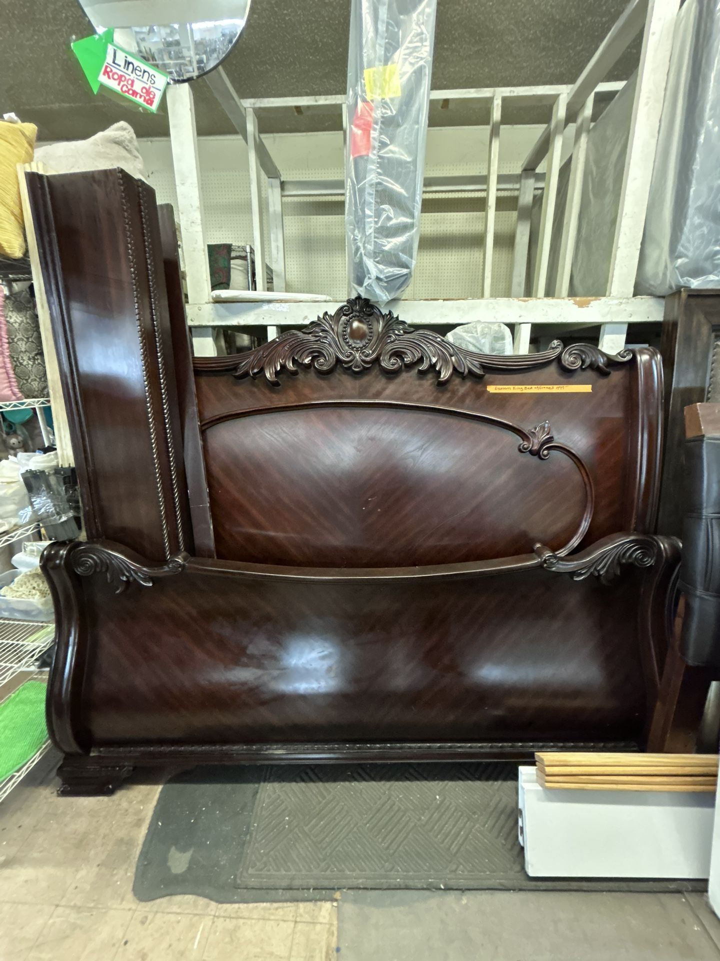 Eastern King Sleigh Bed Frame Set - Mahogany Finish Wood Headboard, Footboard, Side Rails