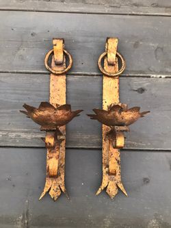 Set Of Two Antique Heavy Brass Hammered Metal Wall Candle Sconces