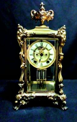 Antique Ansonia Clock Co., New York, "Marchioness" 8 days, time and strike, brass crystal regulator mantel clock, visible escapement, c1904.