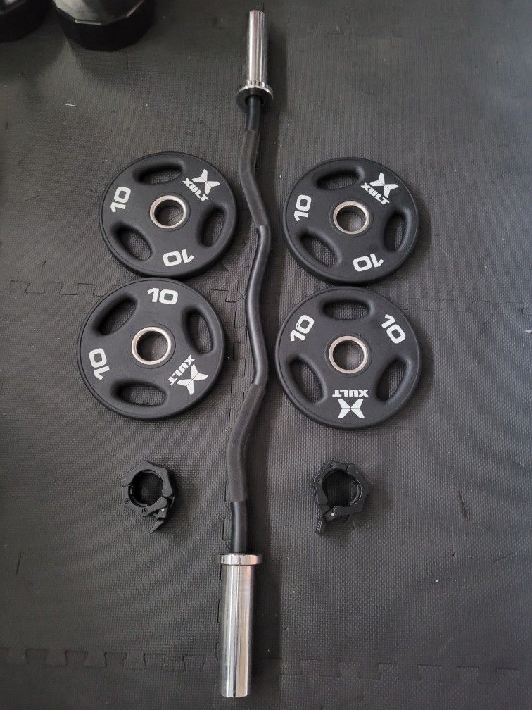 Olympic Weight Plates (4x10Lbs) and EZ Curl Bar with (2) Clamps for $100 Firm (Walnut 91789)