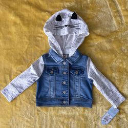 NEW Jean Jacket w/ Cat theme hoodie (Baby Girl)