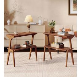 Set of 2 Solid Wood End Table, 2-Tier Side Table with Storage Shelf, Wooden Modern Accent Slim Bedside Table for Sofa, Living Room, Bedroom, Small Spa