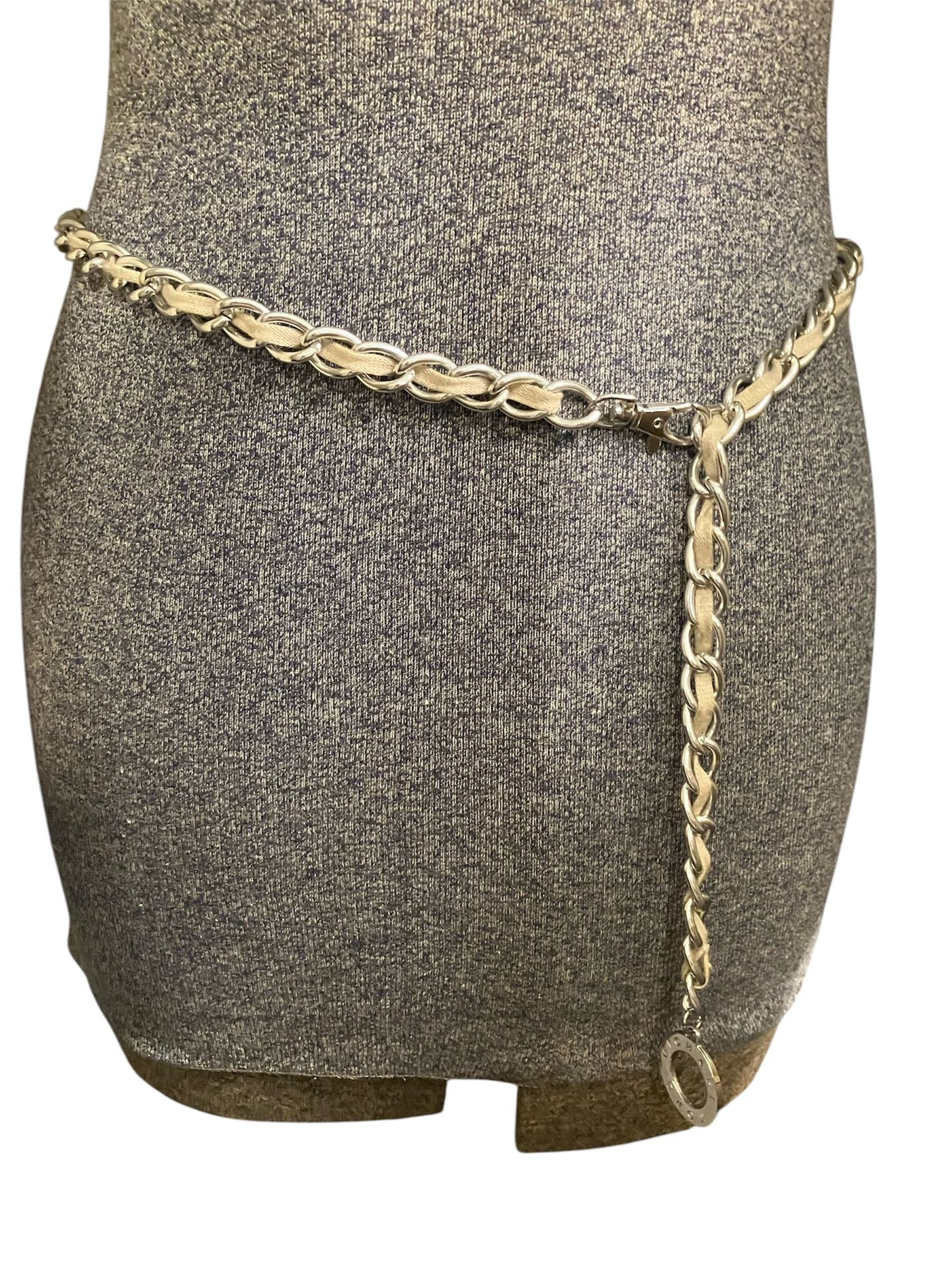 Michael Kors Silver-Tone Chain Belt with Beige Fabric Weave