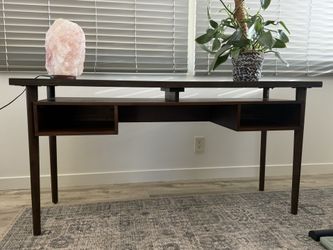 World Market Office Desk Dark Wood Bamboo Glass Top