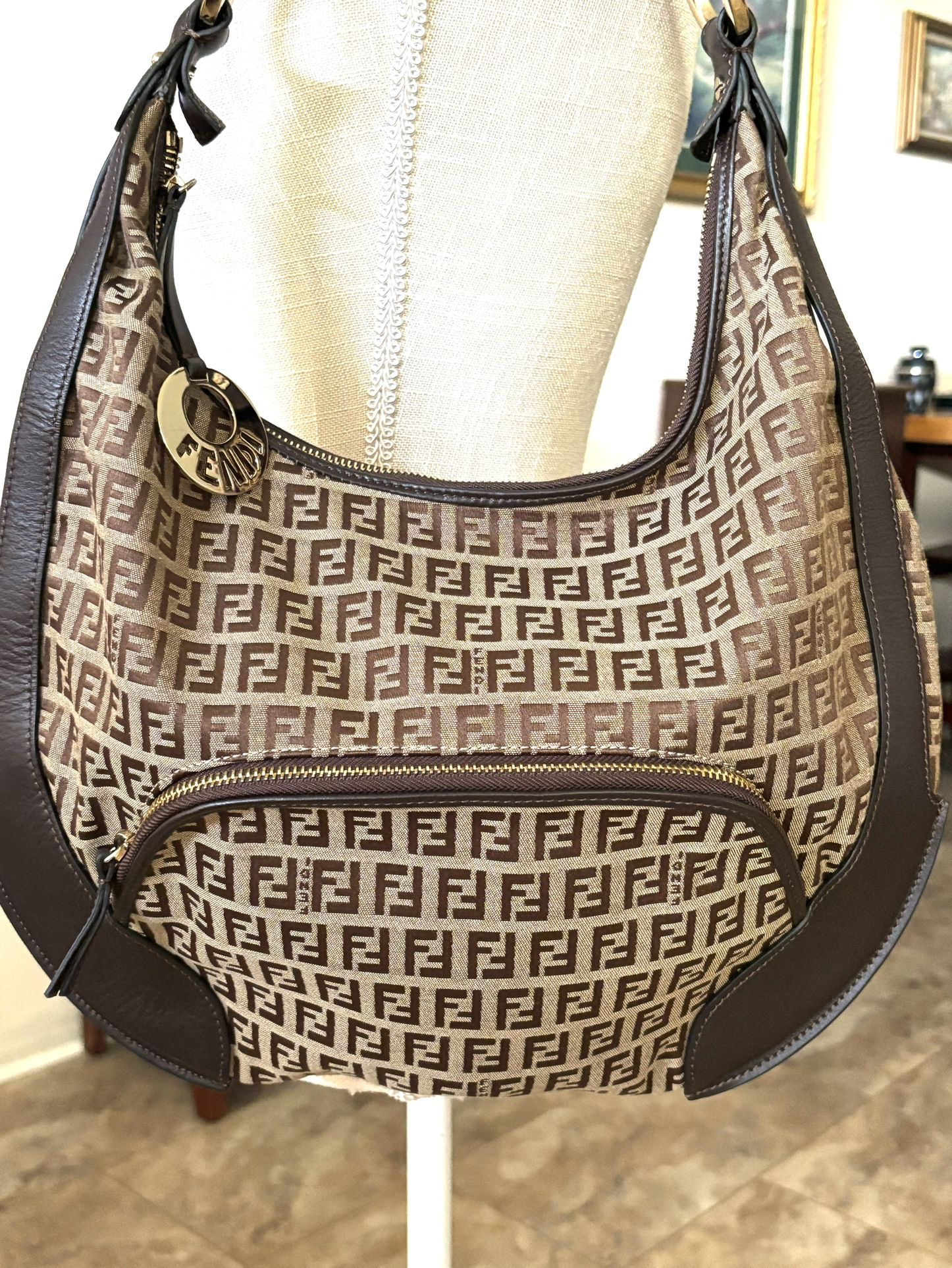 Authentic Fendi 8BR465 Tan/Brown Fabric Hobo Bag - Leather Trim