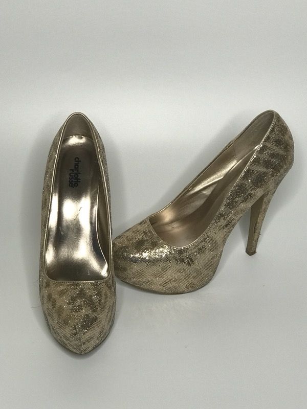 Charlotte Rousse gold leopard print heels