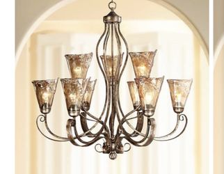 Franklin Iron Works Amber Scroll 35 1/2" Wide Art Glass Chandelier