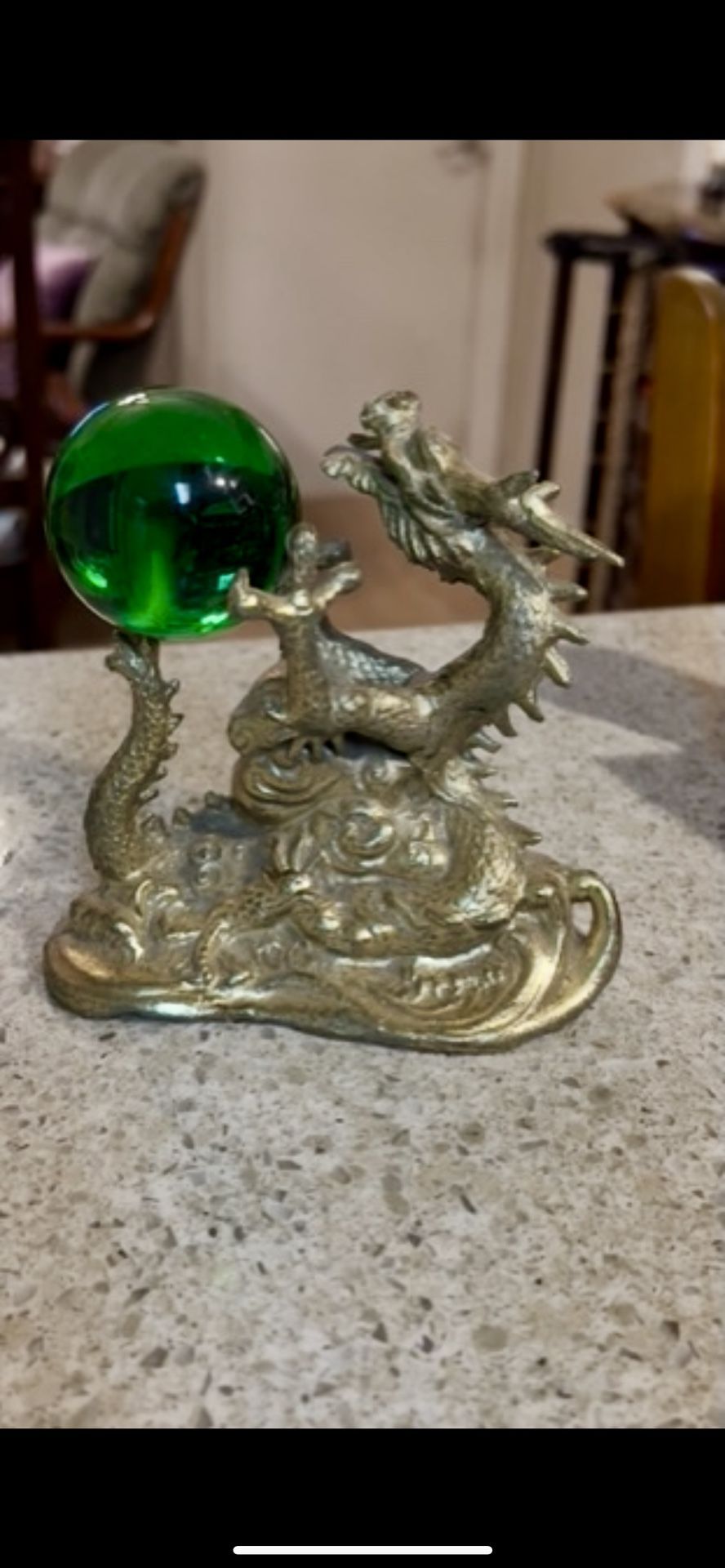 Brass Dragon Figurine with Green Sphere