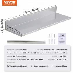 8.6" x 30" -2 Pack Stainless Steel Shelf, Wall Mounted Floating Shelving with Backsplash, 44 lbs Load Capacity Commercial Shelves, Heavy Duty Storage 