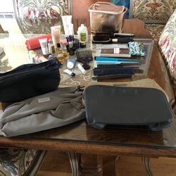 6 Cosmetic Bags 2 Eye Rests 13 Combs Brushes Tissue Holder 30 Different Cosmetics All For $30