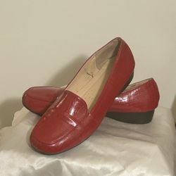 Red faux leather loafers (Size 10)