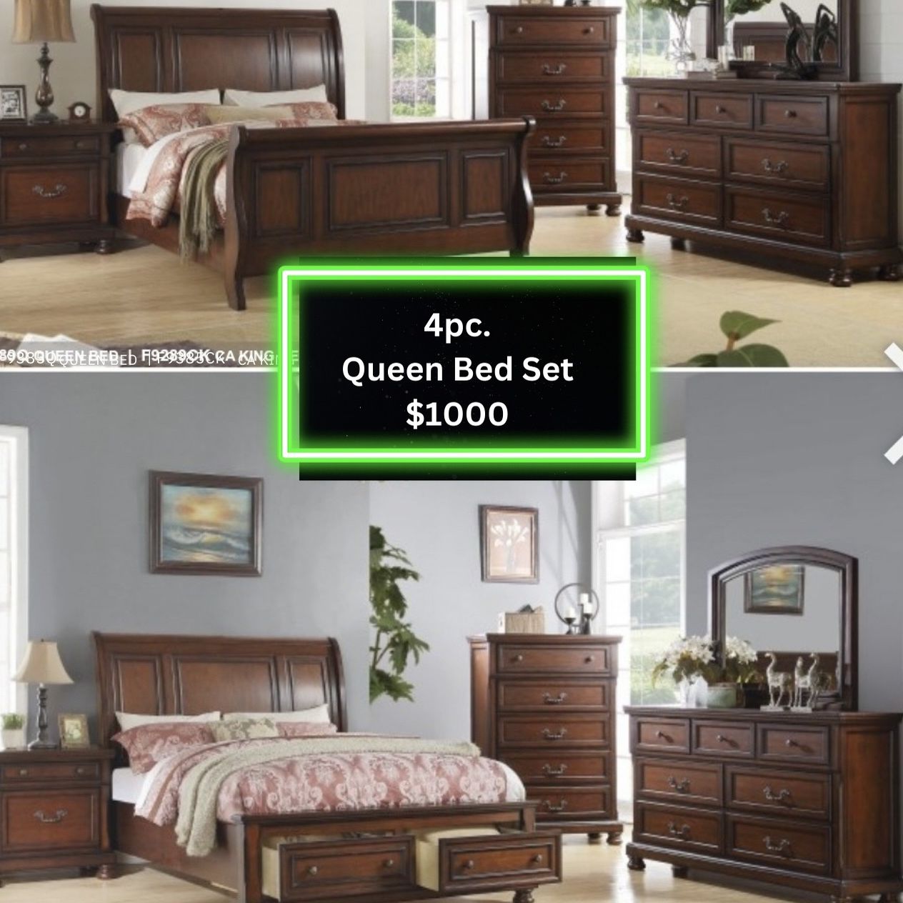 King Size Bed Set - ((4pc Bed Dresser Mirror Nightstand))