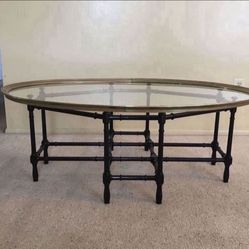 Vintage Antique Large Baker Mastercraft Hollywood Regency Faux Bamboo Brass Glass Oval Cocktail Coffee Table