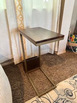 C-Shaped Wood & Metal Sofa Side Table with Storage