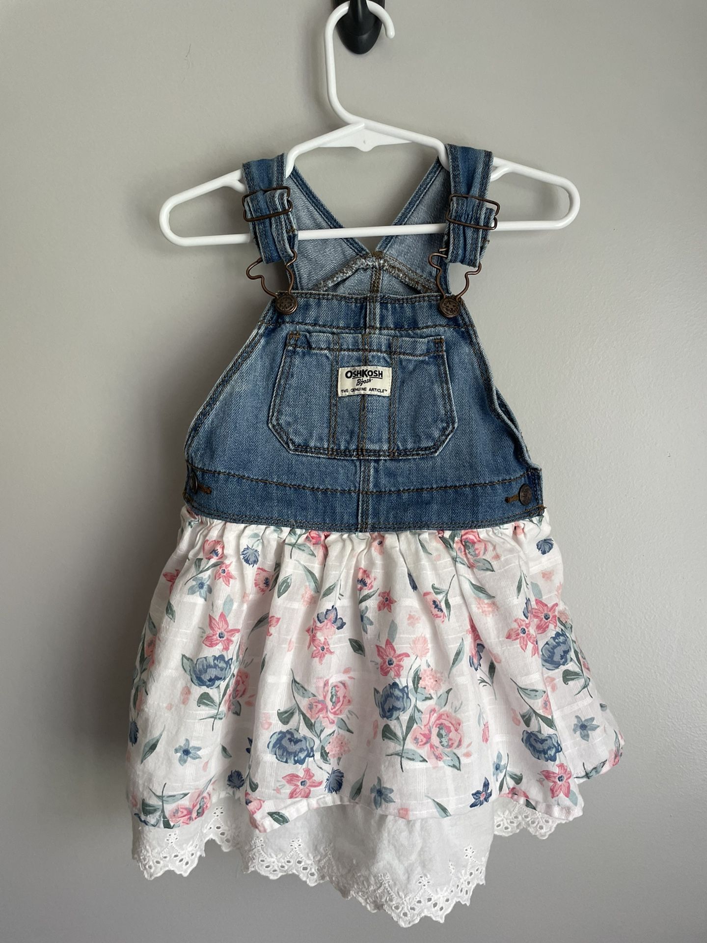 Oshkosh Denim Overall Dress Floral Eyelet Lace Skirt Baby Girl 18-24 Months