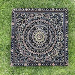 Hand-Carved Thai Wooden Wall Art - 35.5” Square Floral Panel
