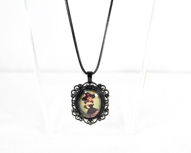 Handmade Retro Cartoon Witch Pinup Necklace – Gothic Charm Collection