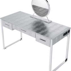 Acme Myles Vanity Set with USB Port in Antique White and Chrome Metal