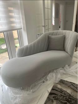Grey Chaise Lounge Sofa with Silver Legs