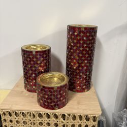 New Deco 79 Metal Handmade Decorative Candle Holder Pillar Stand with Mosaic Pattern, Set of 3