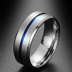 Men's Tugging Blue Grooves Inlay High Polish Comfort Fit Wedding Band Ring
