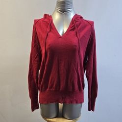 Red Knit V-neck Droawstring Hoodie Size L