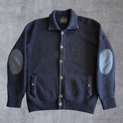 Roberto Collina Italy Navy Wool Ribbed Cardigan Leather Elbow Patches Men 52 Large