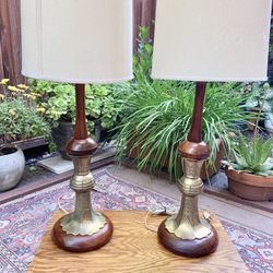 Mid Century Walnut Brass Lamps