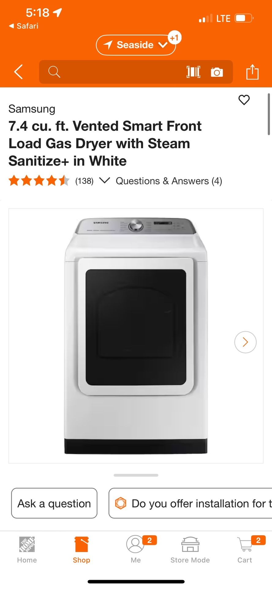Samsung Washer And Dryer (gas), Large capacity