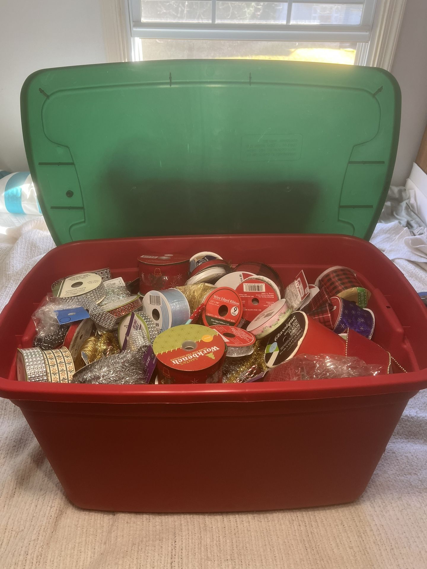 Large Plastic Storage Bin Full of Ribbon, etc-Mostly New