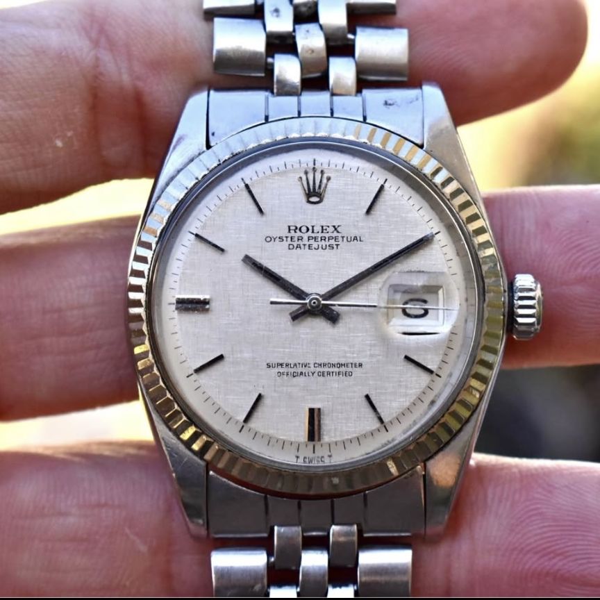 Rolex Datejust (Ref. 1601) Non-Luminous Silver Linen Dial. Stainless Steel & 18k White Gold