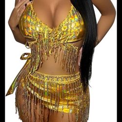 Women's Shiny Metallic Sequin Tassel Mini Skirt 