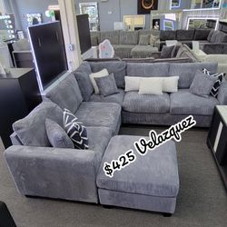 ✅️✅️ 4pc dark Grey corduroy fabric sectional sofa with rounded arms and ottoman ✅️✅️
