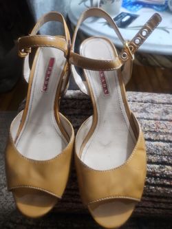 PRADA  Tan Patent Leather  Peep- toe Sandal Women's