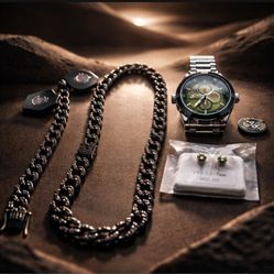 24 inch Figaro Necklace &Bracelet  45mmWatch Emerald Earrings VVS CZ Round 7mm