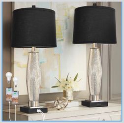 QiMH Table Lamps Set of 2, Bedroom Lamp with USB A+C Charging Ports, Modern Glass Beside Lamps for Living Room Rotary Switches, Black Nightstand Lamp
