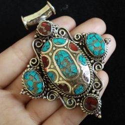 Large Handmade Brass Pendant With Coral And turquoise 