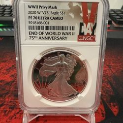 2020 W PROOF SILVER EAGLE WORLD WAR II V75 PRIVY NGC PF70 ULTRA CAMEO VDAY LABEL