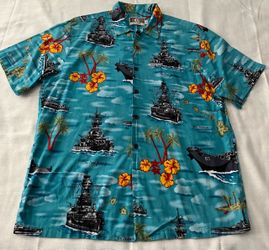 Aloha Shirt World War II Battleships Turquoise size  L