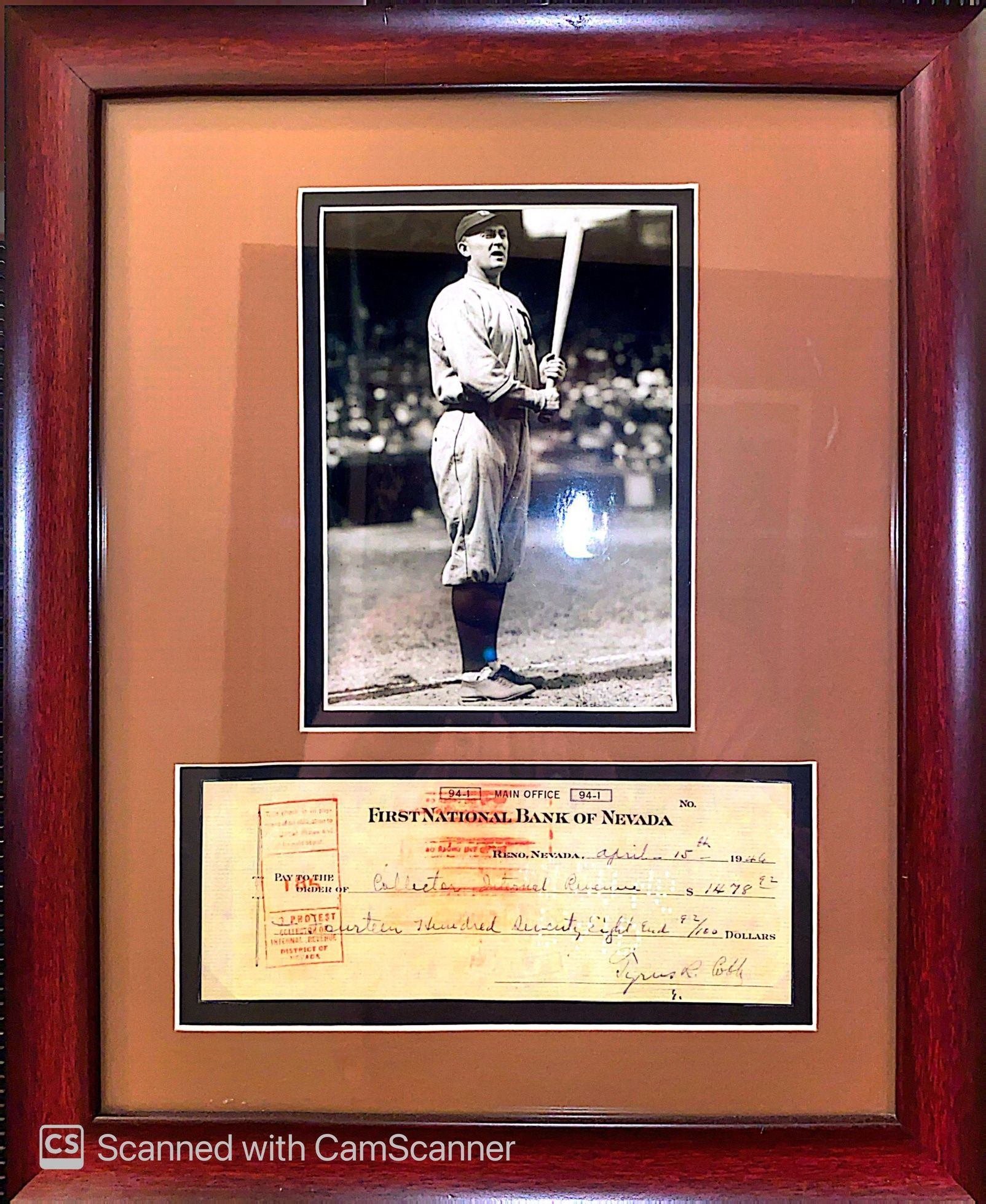 Ty Cobb Signed Personal $1478.92 Check To “Collector Internal Revenue”