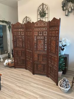 Vintage, Luxury Mid Century Modern Hand Carved Teak Wood 4 Panel Screen Divider
