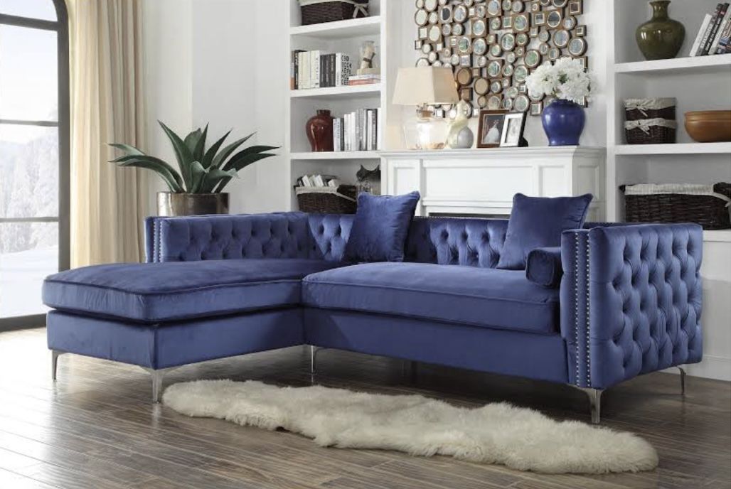 Chic Home Monet Velvet Modern Contemporary Button Tufted with Silver Nailhead Trim Sectional Couch