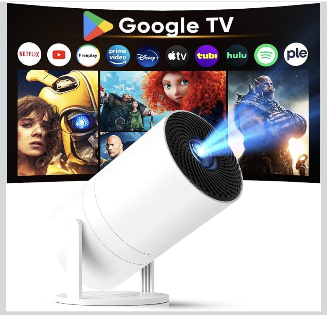 [ Built-in Google TV & Voice Control] WISHOLY Mini Projector with WiFi and Bluetooth, Built-in Streaming Apps, Portable Movie Projector 4K with 180° R