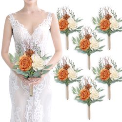 SEMONONIA Bridesmaid Bouquets For Wedding - Set Of 6 Artificial Flowers Bouquet For Fall Wedding Decoration Marriage Proposal Party Ceremony Anniversa