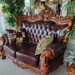 Espresso Top Grain Leather Victorian Loveseat